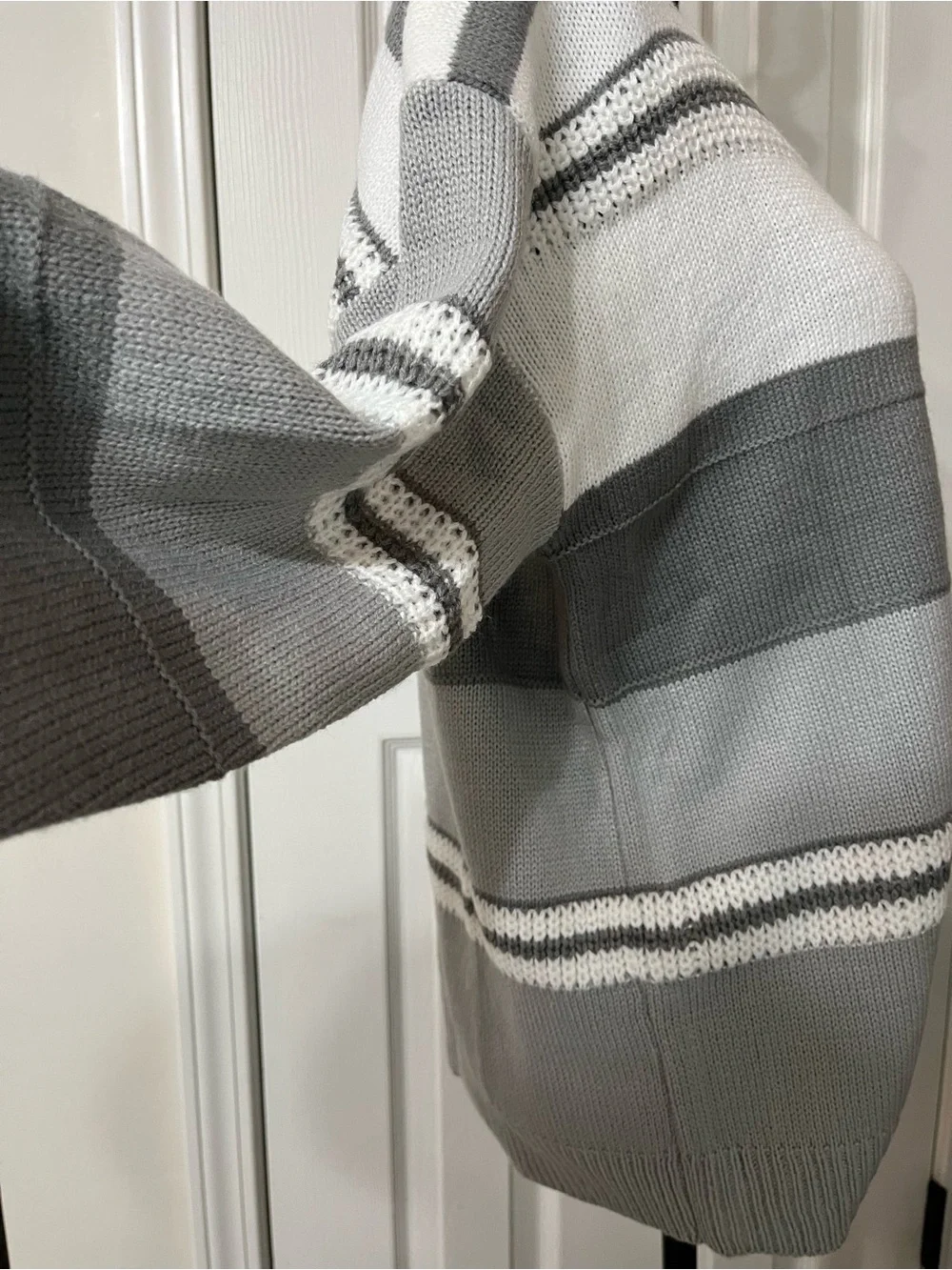 Gray & White Striped V-Neck Women's Sweater